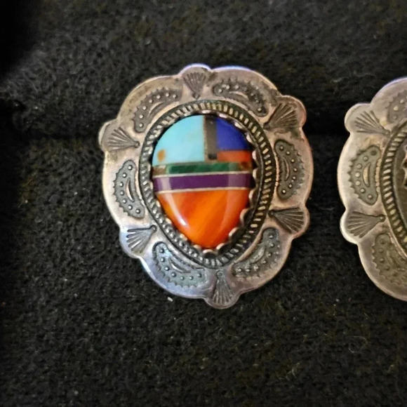 Intricate Vintage Native American Navajo Turquoise QT Sterling Silver Earring - Picture 3 of 6